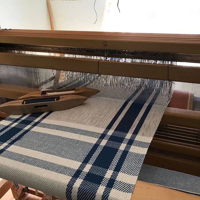 Colonial blue towels on loom